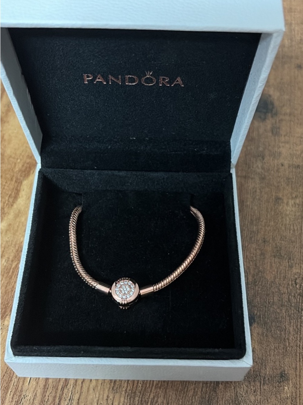 Pandora Rose Gold Sparkling Circle Clasp Snake Chain Bracelet